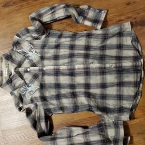 Roar angel wing embroidered  shirt tan grey plaid